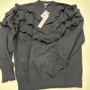 NWT $198 100% cashmere AQUA  crewneck knot sweater S black